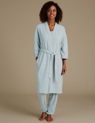 Pure Cotton Leaf Print Waffle Dressing Gown